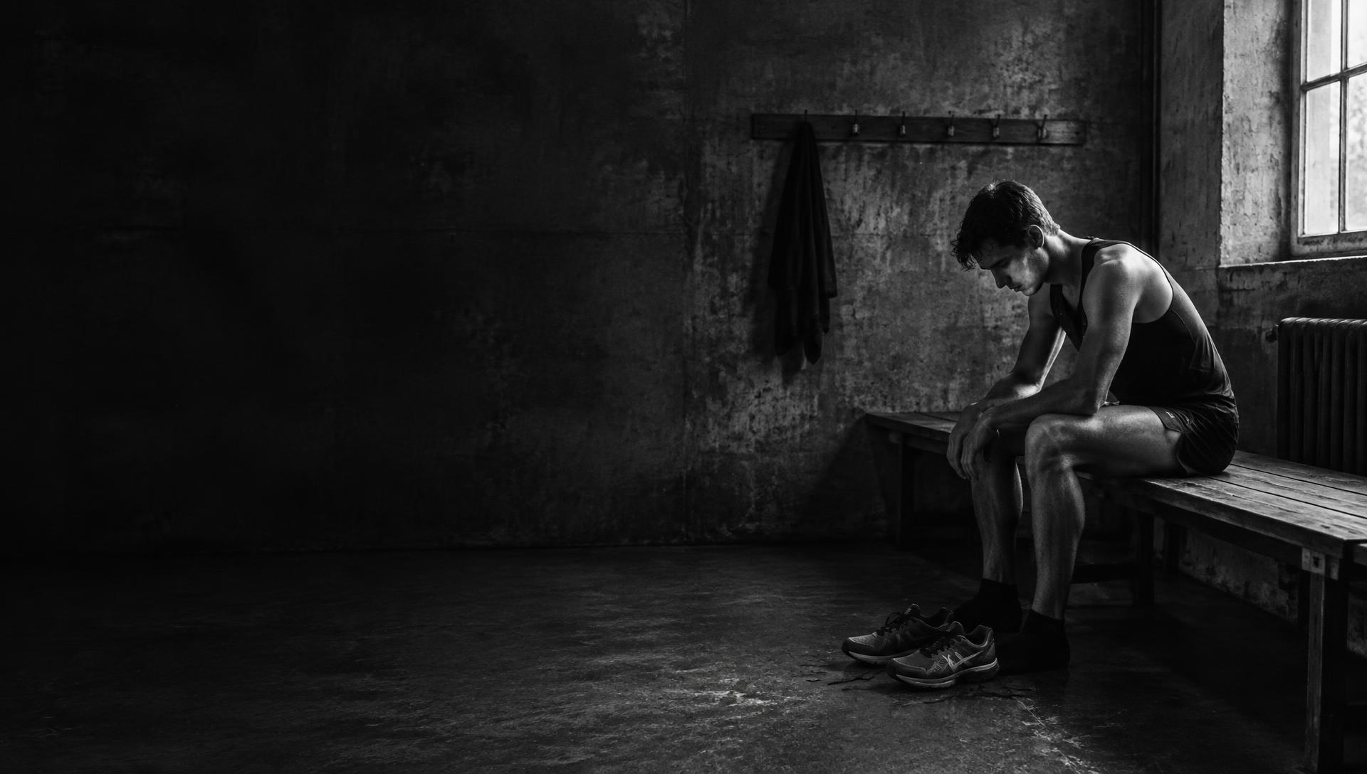 An athlete alone in the locker room, quietly preparing before competition