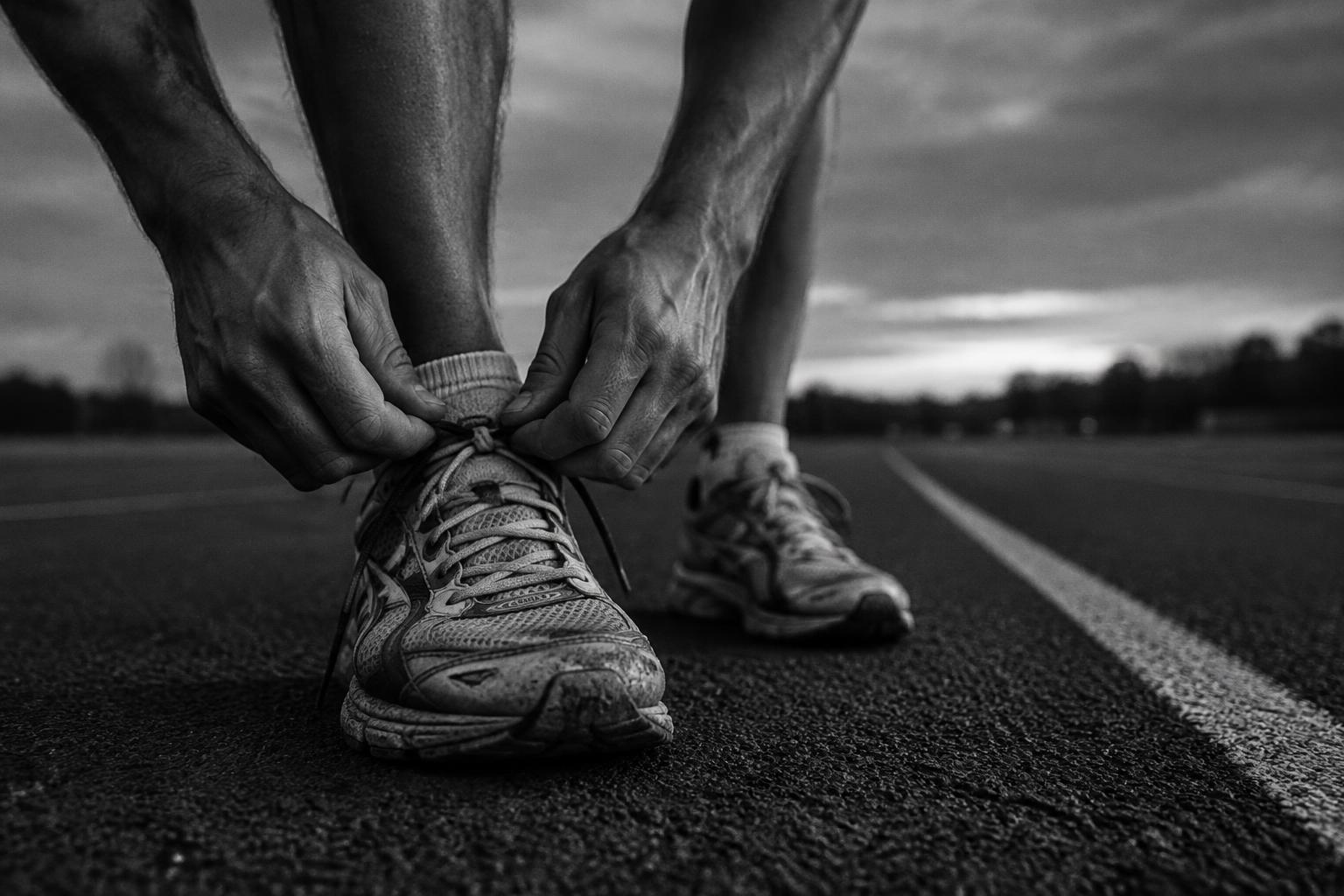 An athlete tying running shoes before training